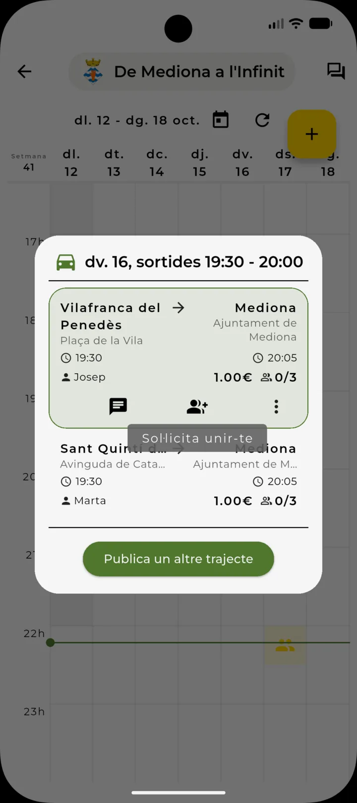 Trajectes disponibles amb horari, preu i places lliures